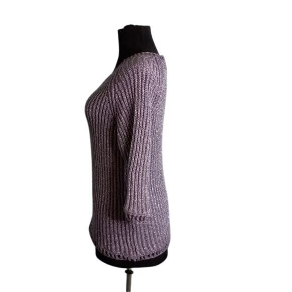 Chicos Size 1 M 8 Purple Metallic Knit Sweater Scoop Neck 3/4 Sleeves Ribbed - Picture 3 of 10